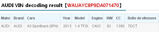 福搜网车车架号查询WAUAYC8P9DA071470，奥迪A3，需要车辆配置和型号，谢谢！
