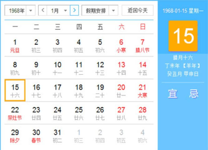 1968年阴历阳历对照表