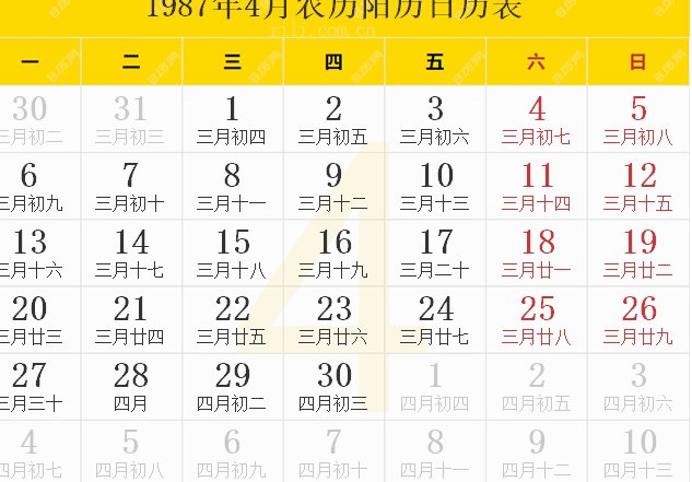 1987年农历阳历表