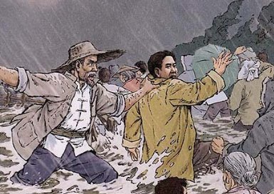 老汉沙哑地喊话：“桥窄！排成一队，不要挤！党员排在后边！”运用了许多短句，让我感受到了什么